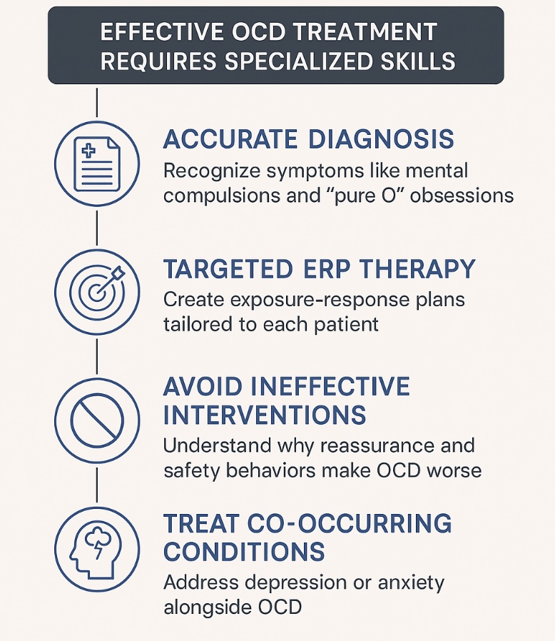 OCD as a Chronic Syndrome: Understanding Its Connection to Other Disorders Obsessive-Compulsive Disorder (OCD) is often thought of as a single, isolated mental health condition. In reality, OCD is a chronic, brain-based syndrome that can persist for years and frequently co-exists with other mental health disorders. Left untreated, it can cause significant distress, impair daily functioning, and increase vulnerability to additional conditions such as depression, anxiety disorders, body dysmorphic disorder, and eating disorders. Recognizing OCD as part of a broader, interconnected mental health profile is critical for effective assessment and treatment. ⸻ OCD: More Than a Standalone Diagnosis OCD is characterized by intrusive, distressing thoughts (obsessions) and repetitive behaviors or mental rituals (compulsions) aimed at reducing anxiety or preventing perceived harm. While its symptoms vary widely — from fears of contamination to unwanted violent or sexual thoughts — one common thread is that OCD often exists alongside other chronic mental health conditions. This overlap happens for several reasons: • Shared brain circuitry: OCD shares neurological pathways with anxiety and mood disorders, making co-occurrence more likely. • Prolonged stress response: Living with untreated OCD can lead to chronic stress, which increases the risk of developing depression or other anxiety disorders. • Perfectionism and self-criticism: Common in OCD, these traits can contribute to disorders like body dysmorphia or eating disorders. ⸻ Common Co-Occurring Disorders with OCD 1. Depression • Up to 60% of people with OCD experience major depressive episodes. • Depression can develop from the exhaustion of managing constant anxiety and compulsions. 2. Generalized Anxiety Disorder (GAD) and Panic Disorder • Many individuals with OCD also experience generalized worry, panic attacks, or heightened physiological anxiety. 3. Body Dysmorphic Disorder (BDD) • BDD shares obsessive thought patterns with OCD, often leading to distress over perceived flaws in appearance. 4. Eating Disorders • Disorders like anorexia nervosa or bulimia can co-occur, driven by obsessive thoughts about weight, shape, and control. 5. Tic Disorders and Tourette Syndrome • Some individuals with OCD experience motor or vocal tics, suggesting overlapping neurological mechanisms. 6. Other Chronic Mental Health Conditions • OCD may also be present with PTSD, social anxiety disorder, or chronic health-related anxiety. ⸻ Why Recognizing OCD as a Chronic Syndrome Matters When OCD is treated in isolation, co-occurring conditions may be overlooked, leading to incomplete recovery. A comprehensive evaluation can identify the full range of challenges a person faces, allowing for a more effective, integrated treatment plan. Treatment often involves: • Exposure and Response Prevention (ERP) therapy for OCD symptoms. • Cognitive Behavioral Therapy (CBT) or other evidence-based therapies for depression and anxiety. • Nutritional and medical support when eating disorders are present. • Medication management when appropriate for multiple conditions. ⸻ The Path to Comprehensive Care OCD is not a “phase” or a passing habit — it’s a chronic condition that requires skilled, ongoing treatment. By understanding OCD as part of a broader mental health picture, clinicians and patients can work together to address all contributing factors, improve quality of life, and reduce the risk of relapse. If you or someone you care about is living with OCD and other chronic disorders, seeking specialized, integrated treatment is the most effective way forward. OCD as a Chronic Syndrome: Understanding Its Connection to Other Disorders Obsessive-Compulsive Disorder (OCD) is often thought of as a single, isolated mental health condition. In reality, OCD is a chronic, brain-based syndrome that can persist for years and frequently co-exists with other mental health disorders. Left untreated, it can cause significant distress, impair daily functioning, and increase vulnerability to additional conditions such as depression, anxiety disorders, body dysmorphic disorder, and eating disorders. Recognizing OCD as part of a broader, interconnected mental health profile is critical for effective assessment and treatment. ⸻ OCD: More Than a Standalone Diagnosis OCD is characterized by intrusive, distressing thoughts (obsessions) and repetitive behaviors or mental rituals (compulsions) aimed at reducing anxiety or preventing perceived harm. While its symptoms vary widely — from fears of contamination to unwanted violent or sexual thoughts — one common thread is that OCD often exists alongside other chronic mental health conditions. This overlap happens for several reasons: • Shared brain circuitry: OCD shares neurological pathways with anxiety and mood disorders, making co-occurrence more likely. • Prolonged stress response: Living with untreated OCD can lead to chronic stress, which increases the risk of developing depression or other anxiety disorders. • Perfectionism and self-criticism: Common in OCD, these traits can contribute to disorders like body dysmorphia or eating disorders. ⸻ Common Co-Occurring Disorders with OCD 1. Depression • Up to 60% of people with OCD experience major depressive episodes. • Depression can develop from the exhaustion of managing constant anxiety and compulsions. 2. Generalized Anxiety Disorder (GAD) and Panic Disorder • Many individuals with OCD also experience generalized worry, panic attacks, or heightened physiological anxiety. 3. Body Dysmorphic Disorder (BDD) • BDD shares obsessive thought patterns with OCD, often leading to distress over perceived flaws in appearance. 4. Eating Disorders • Disorders like anorexia nervosa or bulimia can co-occur, driven by obsessive thoughts about weight, shape, and control. 5. Tic Disorders and Tourette Syndrome • Some individuals with OCD experience motor or vocal tics, suggesting overlapping neurological mechanisms. 6. Other Chronic Mental Health Conditions • OCD may also be present with PTSD, social anxiety disorder, or chronic health-related anxiety. ⸻ Why Recognizing OCD as a Chronic Syndrome Matters When OCD is treated in isolation, co-occurring conditions may be overlooked, leading to incomplete recovery. A comprehensive evaluation can identify the full range of challenges a person faces, allowing for a more effective, integrated treatment plan. Treatment often involves: • Exposure and Response Prevention (ERP) therapy for OCD symptoms. • Cognitive Behavioral Therapy (CBT) or other evidence-based therapies for depression and anxiety. • Nutritional and medical support when eating disorders are present. • Medication management when appropriate for multiple conditions. ⸻ The Path to Comprehensive Care OCD is not a “phase” or a passing habit — it’s a chronic condition that requires skilled, ongoing treatment. By understanding OCD as part of a broader mental health picture, clinicians and patients can work together to address all contributing factors, improve quality of life, and reduce the risk of relapse. If you or someone you care about is living with OCD and other chronic disorders, seeking specialized, integrated treatment is the most effective way forward.